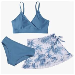 Girls' Size 15-16 Yr Bathing Suit 3 Piece Swim Set Bikini & Sheer Skirt Blue